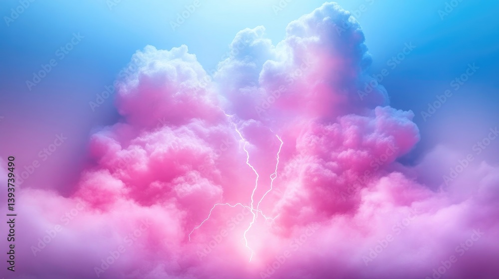 Fototapeta premium Vibrant clouds with lightning. A striking display of pink and blue clouds, filled with a powerful lightning bolt