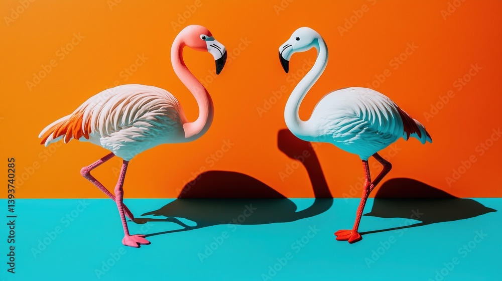 Obraz premium Two flamingo toys on a vibrant orange and blue background, radiating joy and optimism.
