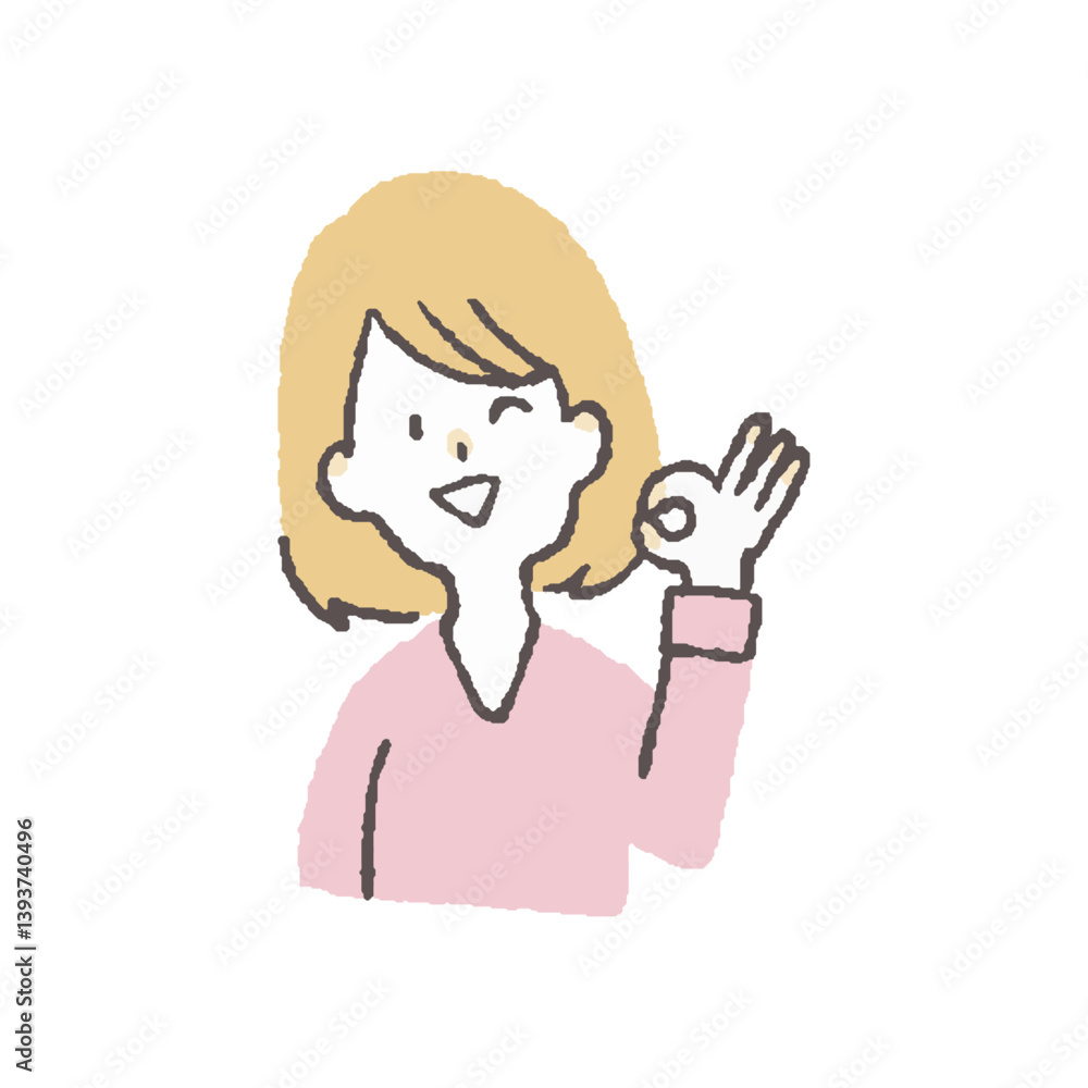 手書き風ゆるいタッチの女性(上半身・ポーズ)|OK・了解 手書き風ゆるいタッチの女性(上半身・ポーズ)|OK・了解