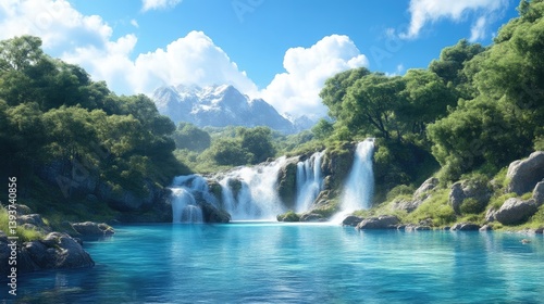 Tranquil mountain waterfall cascading into a serene lake. Lush green forest surrounds a vibrant blue water body