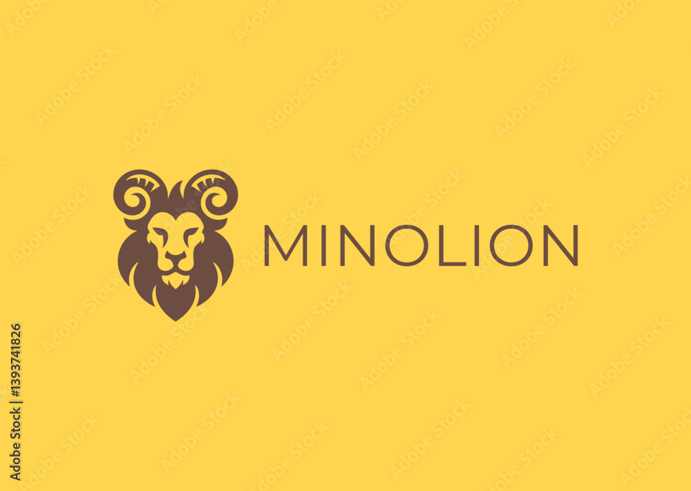 Fototapeta premium Lion with minotaur horns logo in hybrid creature style