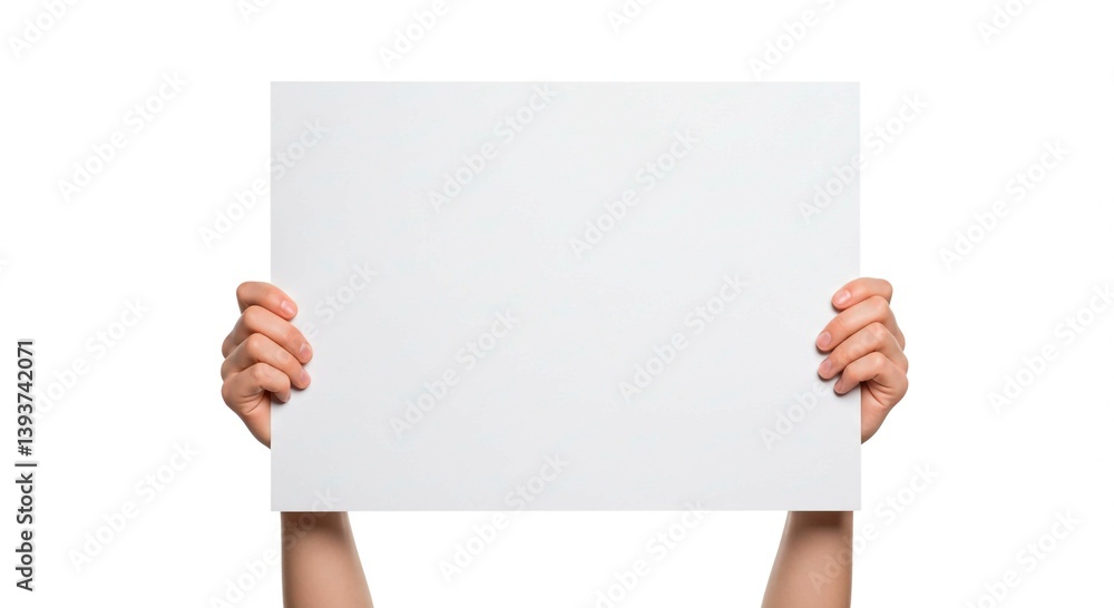 A pair of hands holds a blank white rectangular sign in front of a plain white background, ready for text or graphics to be added. A pair of hands holds a blank white rectangular sign in front of a plain white background, ready for text or graphics to be added.