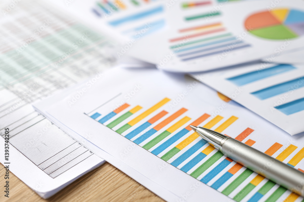 Financial services banking risk assessment concept. Business reports and graphs displayed on papers with a silver pen resting on top. Financial services banking risk assessment concept. Business reports and graphs displayed on papers with a silver pen resting on top.