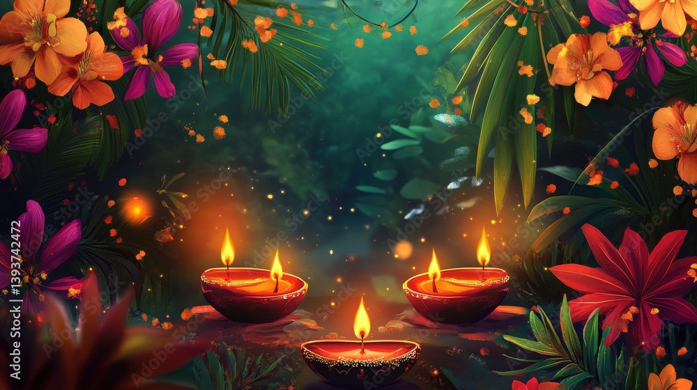 Illuminated bowls are surrounded by vibrant flowers and lush green foliage Illuminated bowls are surrounded by vibrant flowers and lush green foliage