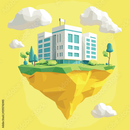 Floating Island with Modern Hospital and Trees