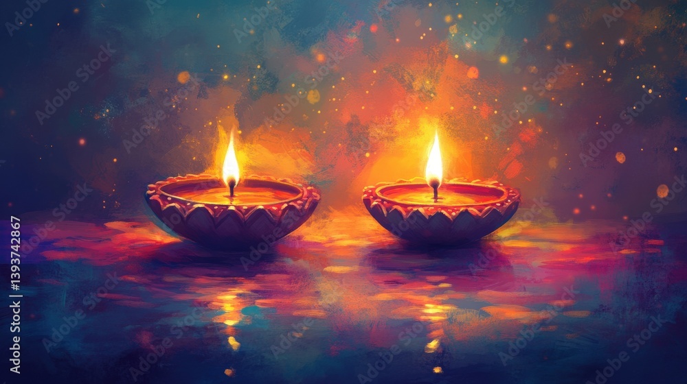 Two lit lamps with orange flames in a colorful environment Two lit lamps with orange flames in a colorful environment