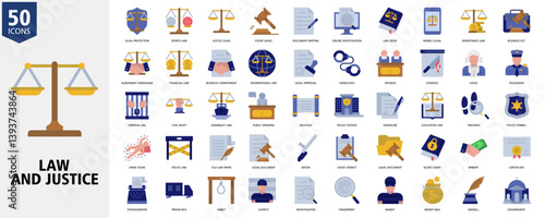 Law and Justice Icon Set Colour Style with legal protection, sports law, justice scale, court gavel, document writing, online investigation, law book, inheritance law, mobile legal and business act
