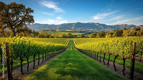 Wallpaper Mural Scenic vineyard landscape under a vibrant blue sky.  Rows of green grape vines stretch across the fertile  Torontodigital.ca