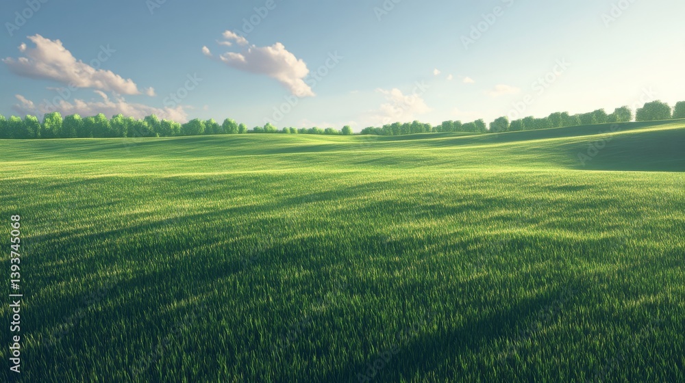 Fototapeta premium Serene grassy field meets trees under a bright, partly cloudy sky. Light casting long shadows across