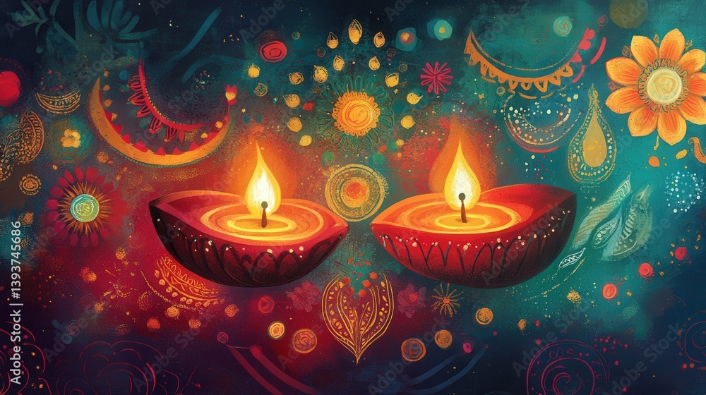 Two burning lamps illuminate a colorful festive and floral background Two burning lamps illuminate a colorful festive and floral background