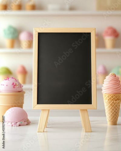 Blank price tags and signage. Blank Chalkboard Menu Sign with Pastel Ice Cream Cones