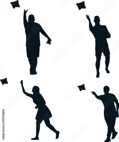 Cornhole Player Silhouette and flying beanbag Illustration Vector