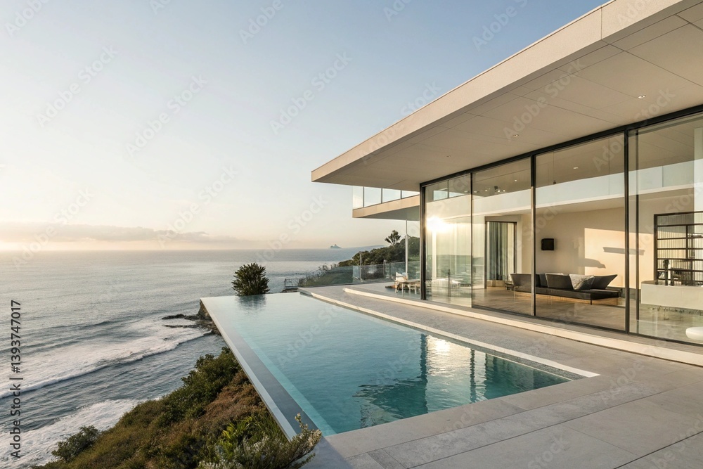 Fototapeta premium A modern, minimalist home with an infinity pool overlooking the ocean - generated by ai