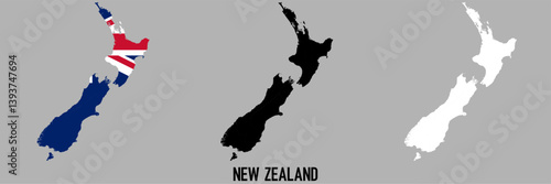 New Zealand flag and map shape black and gray color.