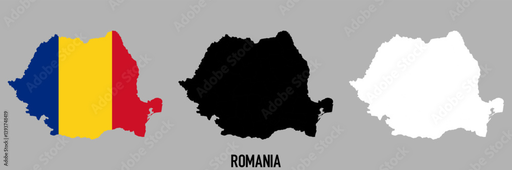 Romania flag and map shape black and gray color. Romania flag and map shape black and gray color.