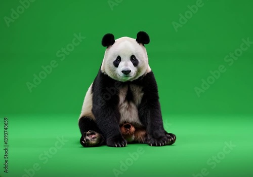 Fluffy panda animal on green screen background