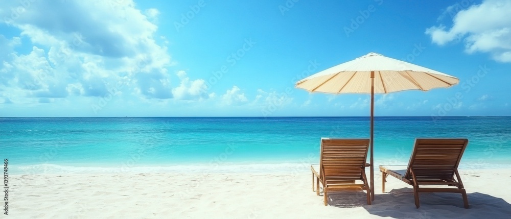 Obraz premium Tropical White Sand Beach with Wooden Lounge Chairs and White Umbrella under Blue Sky