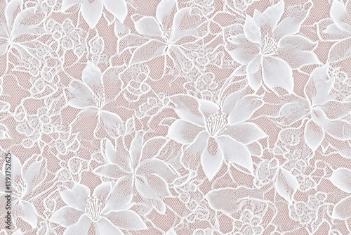 Seamless delicate floral Water lily lace pattern featuring intricate white flowers and swirling designs on a soft pink background.