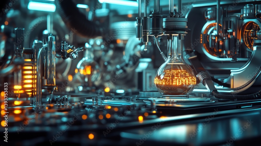 Fototapeta premium Futuristic lab equipment with glowing flask