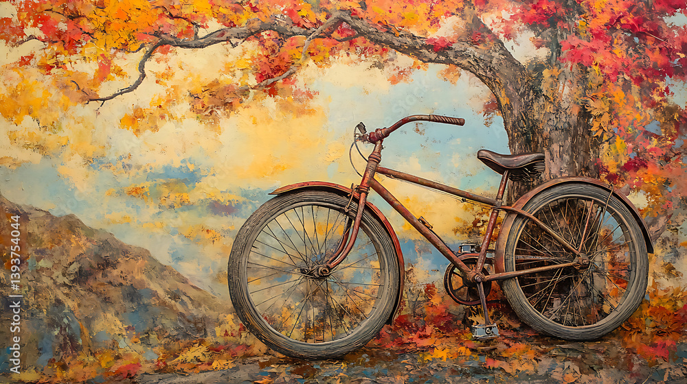 Fototapeta premium Rusty Bike Beneath Autumn Tree, Mountain Background