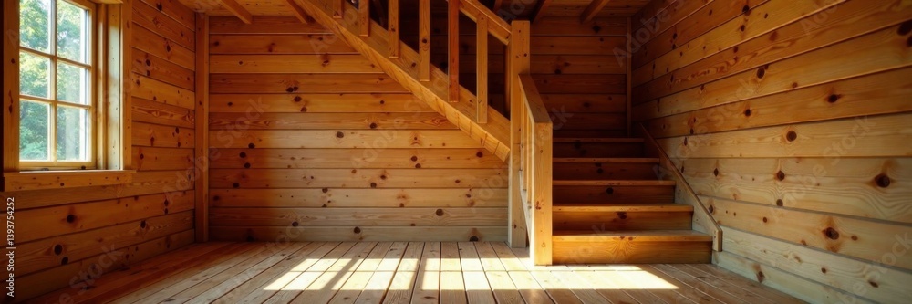 Wooden Cabin Interior with Wooden Stairs Leading Upwards, wooden walls, wood texture Wooden Cabin Interior with Wooden Stairs Leading Upwards, wooden walls, wood texture