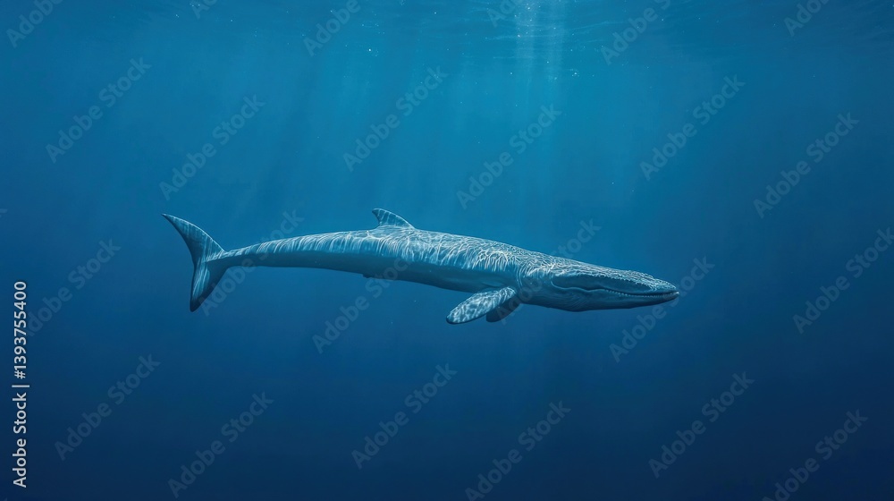 Naklejka premium Majestic whale glides through deep blue ocean. Sunlight beams through water
