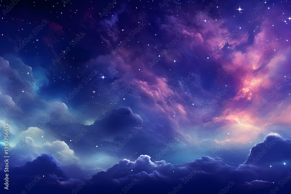 Dramatic Night Sky Featuring Vibrant Nebula Starry Cloudscape and Ethereal Purple and Blue Hues Dramatic Night Sky Featuring Vibrant Nebula Starry Cloudscape and Ethereal Purple and Blue Hues