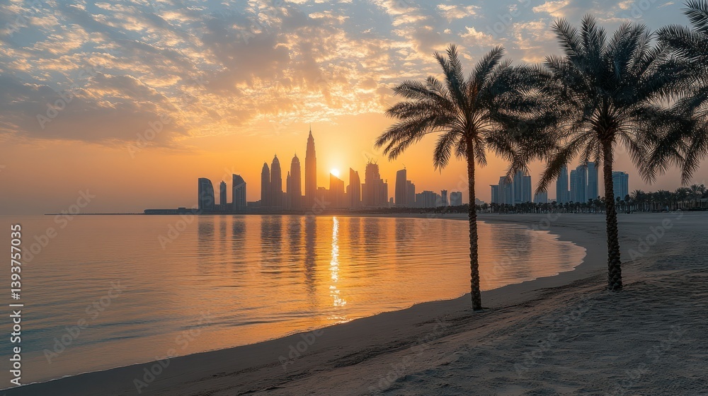 Obraz premium Sunrise over city skyline, serene beach