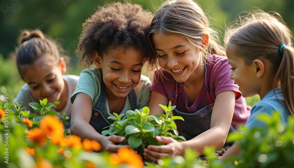 Children gardening in spring flowers Children gardening in spring flowers