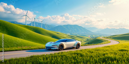 Sleek car hybrid design, scenic speed road. Wind energy power Modern motor eco tech, zero clean drive. Open nature, lush green hills. Curve deep valley View farm grass lines. Travel future smooth ride