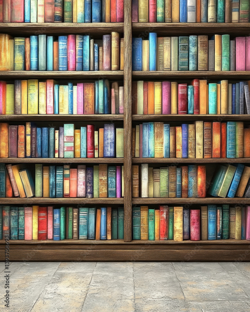 A bookcase filled with books of various colors and sizes. The books are arranged in a way that creates a sense of depth and dimension. The bookcase is made of wood and has a warm, inviting feel A bookcase filled with books of various colors and sizes. The books are arranged in a way that creates a sense of depth and dimension. The bookcase is made of wood and has a warm, inviting feel
