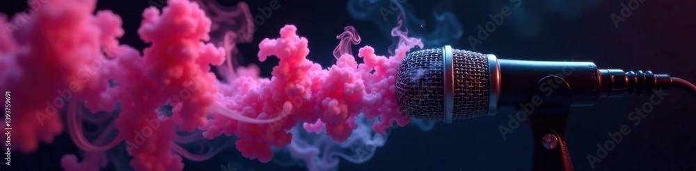 Fototapeta premium Vibrant smoke swirls around a microphone on a black background, creating a mesmerizing effect, , black background