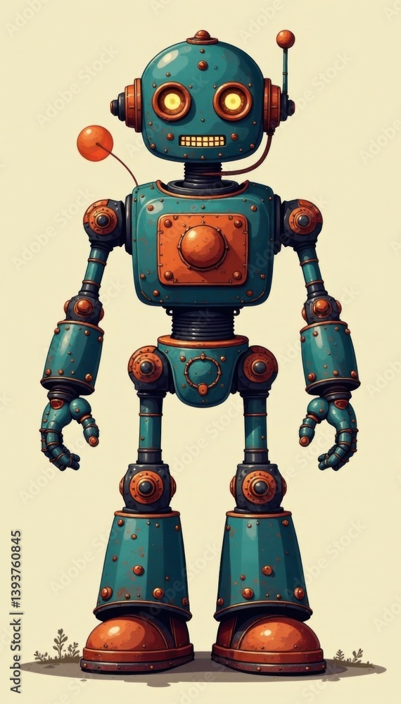 Vector illustration of a vintage-style robot with copper pipes and gears in a modern sans-serif font , industrial, gears