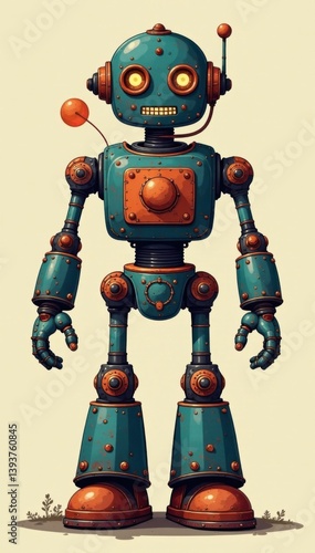 Obraz na płótnie Vector illustration of a vintage-style robot with copper pipes and gears in a modern sans-serif font , industrial, gears w salonie