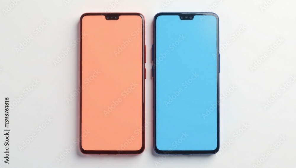 Two color matching mobile phones with blank screens displayed side by side against a crisp white backdrop, empty mobile devices, monochrome phone Two color matching mobile phones with blank screens displayed side by side against a crisp white backdrop, empty mobile devices, monochrome phone