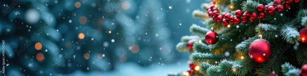 Winter snowfall on festive Christmas tree background with colorful ornaments and garlands, Festive, Winter, Christmas Decor Winter snowfall on festive Christmas tree background with colorful ornaments and garlands, Festive, Winter, Christmas Decor