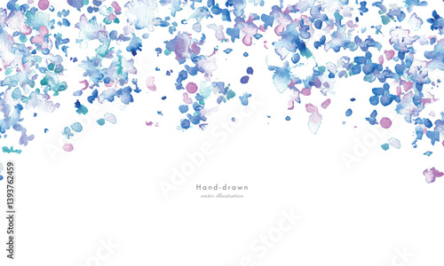 水彩画。水彩タッチの紫陽花イラスト。夏の梅雨の紫陽花背景。水彩のベクターイラスト。Watercolor painting. Hydrangea illustration with watercolor touch. Summer rainy season hydrangea background. Watercolor vector illustration.