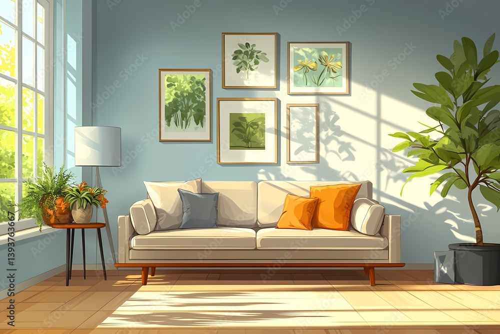 Fototapeta premium Modern Interior Design with Colorful Sofa and Nature-Inspired Decor - Home Living Room Ideas
