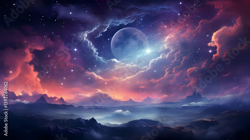 Dramatic Night Sky Over Misty Mountain Landscape with Vivid Clouds and Stars a Dreamlike Celestial Scene