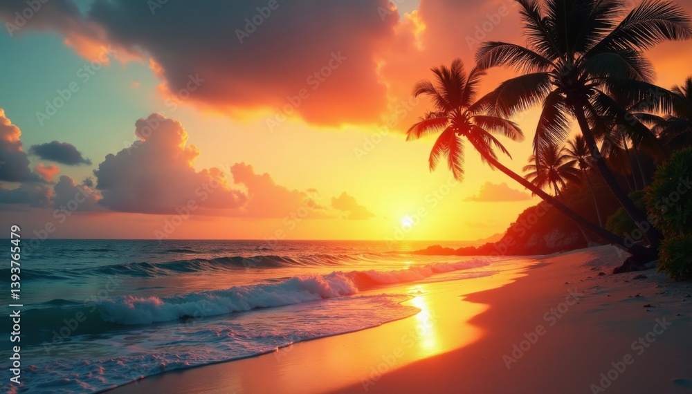 Warm light dances on the shore as the sun sets behind a backdrop of swaying palms trees, ocean wave, beach, sunset Warm light dances on the shore as the sun sets behind a backdrop of swaying palms trees, ocean wave, beach, sunset