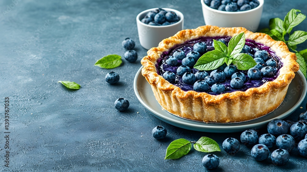 A mouthwatering blueberry tart with a buttery golden pastry crust and juicy plump blueberries garnished with fresh mint leaves for a refreshing touch A mouthwatering blueberry tart with a buttery golden pastry crust and juicy plump blueberries garnished with fresh mint leaves for a refreshing touch