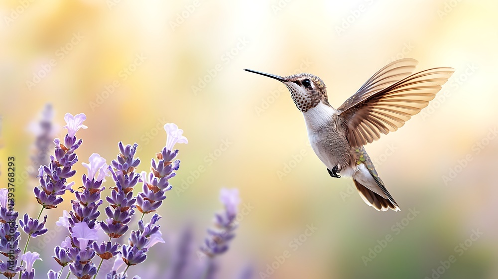 Fototapeta premium Hummingbird feeding on lavender flowers in spring nature photography vibrant flora scene