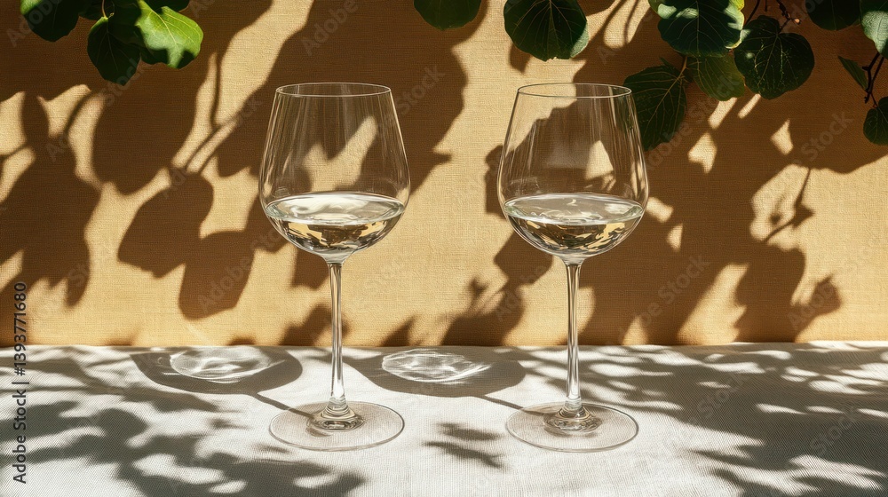 Two glasses of white wine on a sunny patio. Sunlight casts shadows of leaves on a cream-colored table Two glasses of white wine on a sunny patio. Sunlight casts shadows of leaves on a cream-colored table
