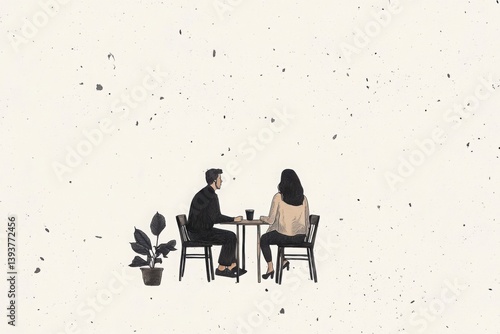 Minimalist Grainy Hand Drawn Illustration of Couple Sitting at a Table