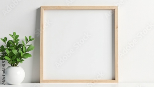Empty photo frame, white wood, pure white wall Perfect for mockups , photo frame mockup, product placement, empty