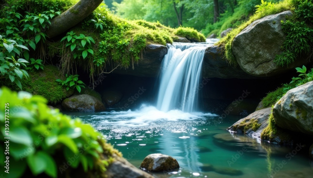 Crystal cascade tumbles over mossy rocks, lush greenery surrounds , tranquility, green Crystal cascade tumbles over mossy rocks, lush greenery surrounds , tranquility, green