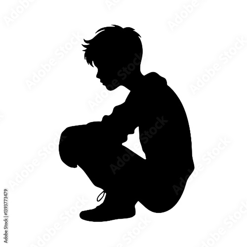 考え事をしたり心配したりしている少年のシルエット。ベクターイラスト