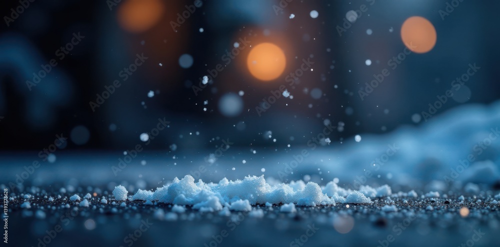 Naklejka premium Softly falling snowflakes gently land on a dark surface, peaceful, frosty
