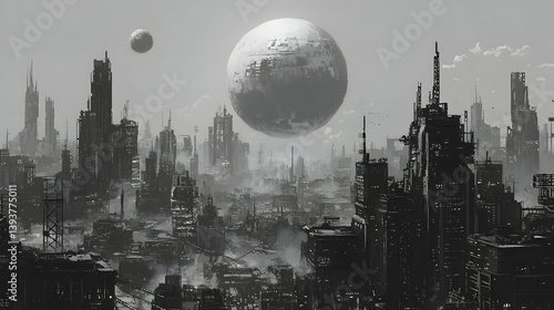 Grayscale Pixel Art Cityscape with Dominant Moon and Distant Buildings under a Cloudy Sky