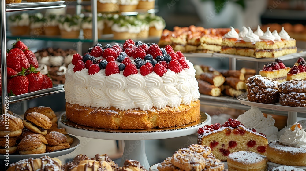 Beautifully decorated cream cake showcasing an array of vibrant glistening strawberries and raspberries creating a tempting and artisanal dessert presentation Beautifully decorated cream cake showcasing an array of vibrant glistening strawberries and raspberries creating a tempting and artisanal dessert presentation